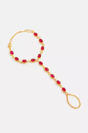 Gold plated kundan red stones necklace set with maang tikka and haathphool