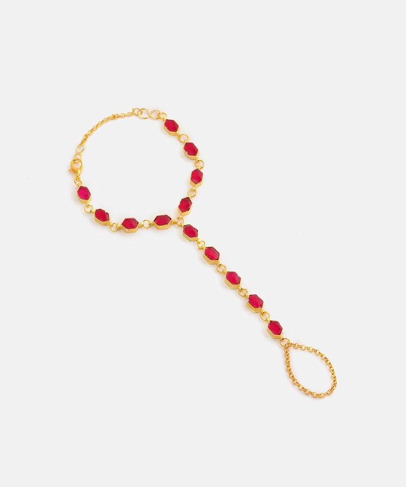 Gold plated kundan red stones necklace set with maang tikka and haathphool