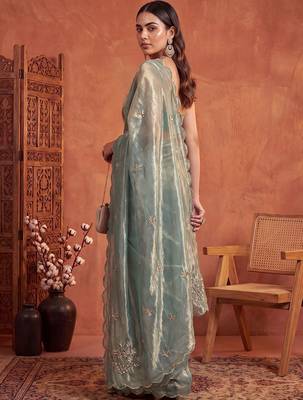 Teal floral embroidered tissue designer saree 4