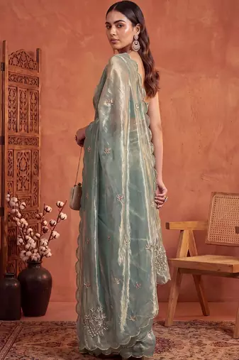 Teal floral embroidered tissue designer saree