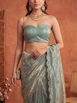Teal floral embroidered tissue designer saree 5