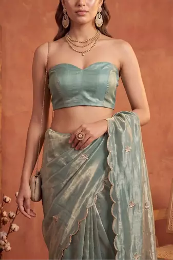 Teal floral embroidered tissue designer saree