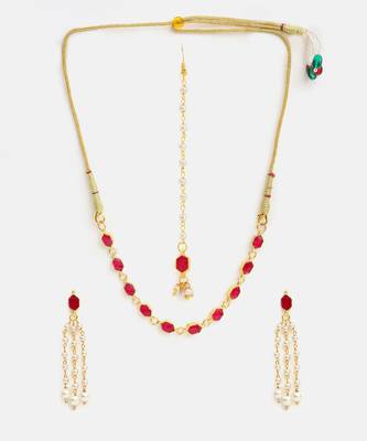 Gold plated kundan red stones necklace set with maang tikka and haathphool 4