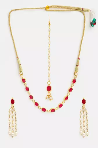 Gold plated kundan red stones necklace set with maang tikka and haathphool