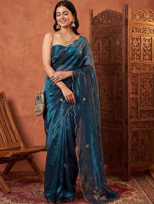 Teal floral beads and stones tissue designer saree 1