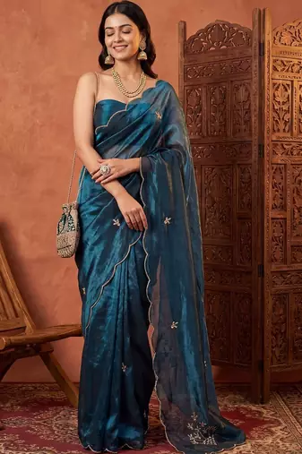 Teal floral beads and stones tissue designer saree