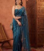 Teal floral beads and stones tissue designer saree