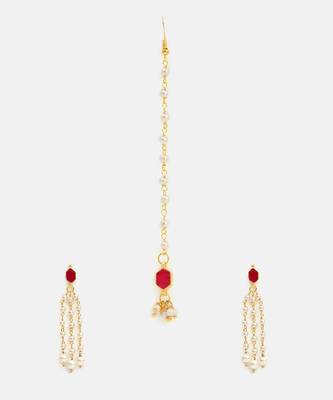 Gold plated kundan red stones necklace set with maang tikka and haathphool 5