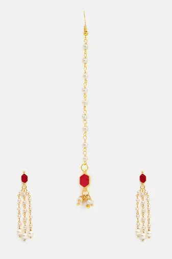 Gold plated kundan red stones necklace set with maang tikka and haathphool