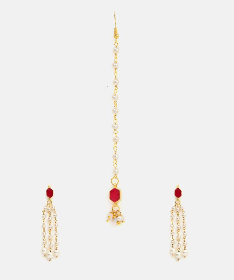 Gold plated kundan red stones necklace set with maang tikka and haathphool