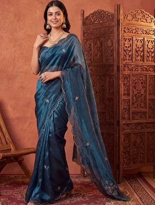 Teal floral beads and stones tissue designer saree 2