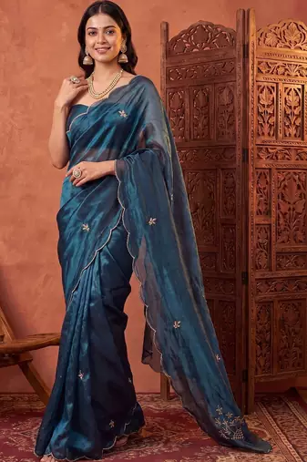 Teal floral beads and stones tissue designer saree