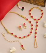 Gold plated kundan red stones necklace set with maang tikka and haathphool