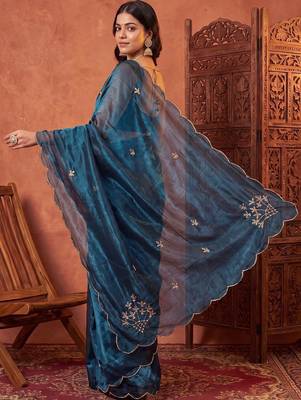 Teal floral beads and stones tissue designer saree 3