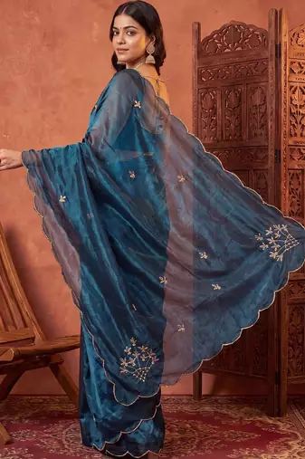 Teal floral beads and stones tissue designer saree