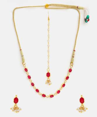 Gold plated kundan red stones necklace set with maang tikka and haathphool 2