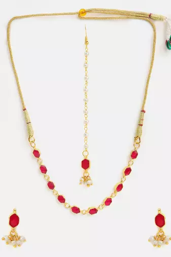 Gold plated kundan red stones necklace set with maang tikka and haathphool