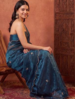 Teal floral beads and stones tissue designer saree 4