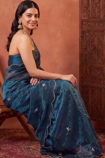 Teal floral beads and stones tissue designer saree