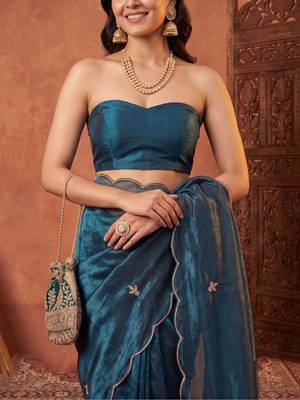 Teal floral beads and stones tissue designer saree 5