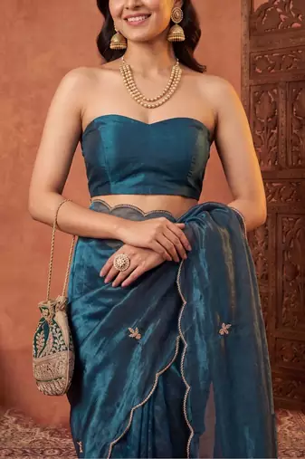 Teal floral beads and stones tissue designer saree