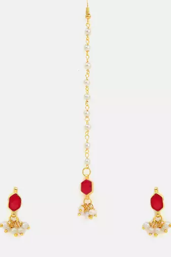 Gold plated kundan red stones necklace set with maang tikka and haathphool
