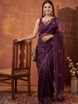 Purple floral beads and stones tissue designer saree 1