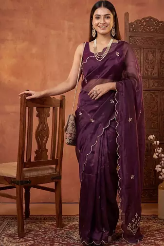 Purple floral beads and stones tissue designer saree