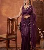 Purple floral beads and stones tissue designer saree