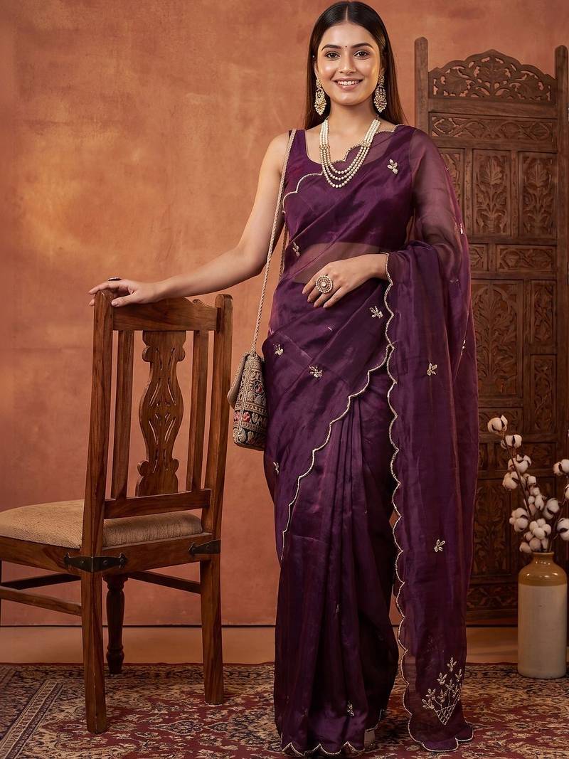 Purple floral beads and stones tissue designer saree
