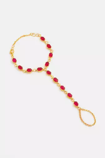 Gold plated kundan red stones necklace set with maang tikka and haathphool