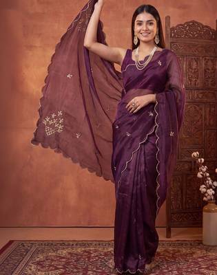 Purple floral beads and stones tissue designer saree 2