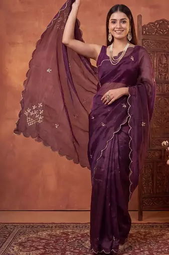 Purple floral beads and stones tissue designer saree