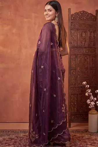 Purple floral beads and stones tissue designer saree