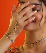 Gold plated kundan blue stones necklace set with maang tikka and haathphool