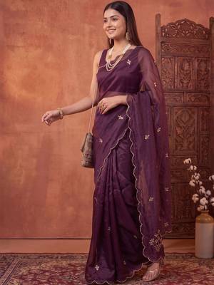 Purple floral beads and stones tissue designer saree 4