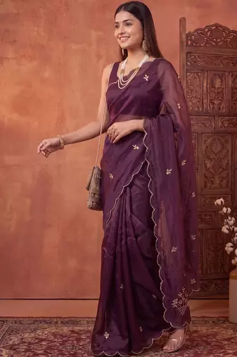 Purple floral beads and stones tissue designer saree