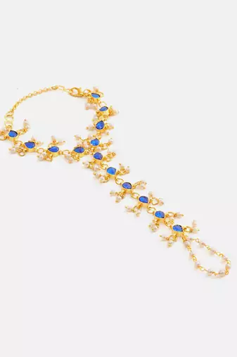 Gold plated kundan blue stones necklace set with maang tikka and haathphool