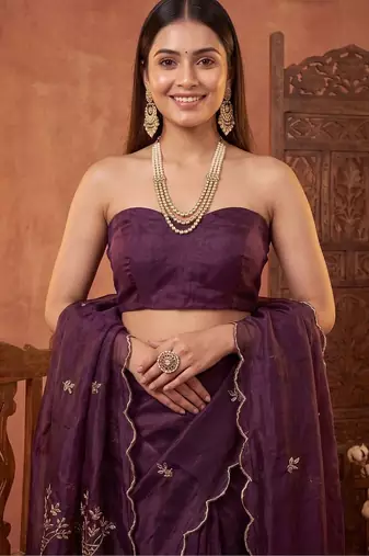 Purple floral beads and stones tissue designer saree