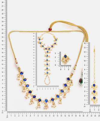 Gold plated kundan blue stones necklace set with maang tikka and haathphool 3