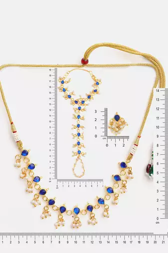 Gold plated kundan blue stones necklace set with maang tikka and haathphool