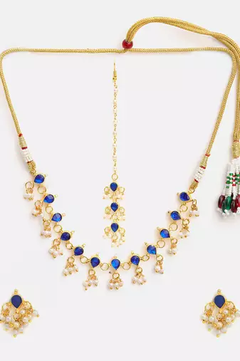 Gold plated kundan blue stones necklace set with maang tikka and haathphool
