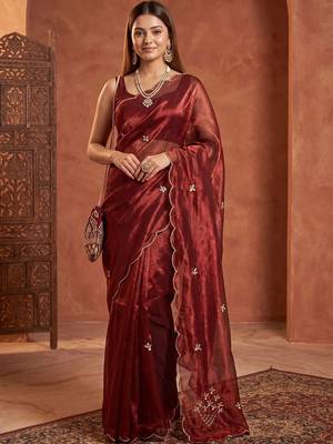 Maroon floral embroidered tissue designer saree 1