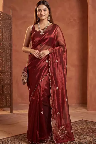 Maroon floral embroidered tissue designer saree