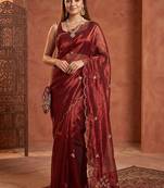 Maroon floral embroidered tissue designer saree