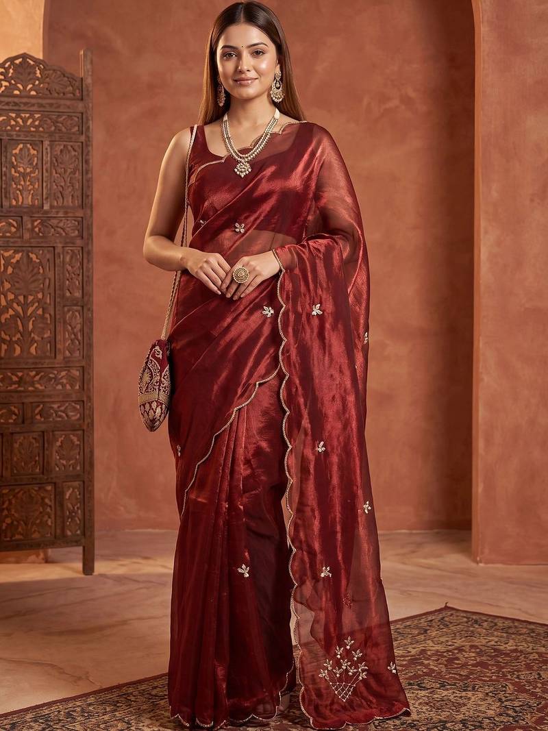 Maroon floral embroidered tissue designer saree