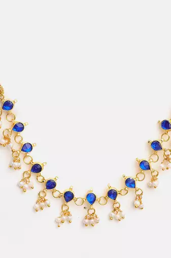 Gold plated kundan blue stones necklace set with maang tikka and haathphool
