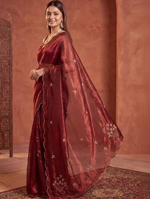 Maroon floral embroidered tissue designer saree 2