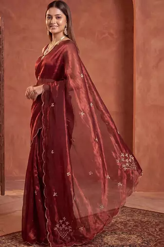 Maroon floral embroidered tissue designer saree