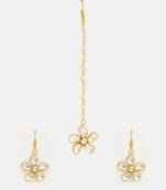 Gold plated kundan white stones floral maang tikka with earrings